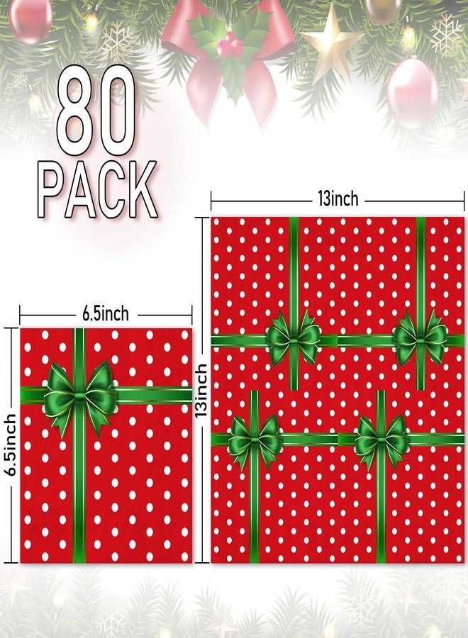 JarThenaAMCS مناديل ورقية من JarThenaAMCS، 80 قطعة، بنقاط، علبة هدايا، مناديل للاستخدام مرة واحدة، أحمر وأخضر، مزينة بعقدة فيونكة، علبة هدايا، مناديل غداء وعشاء، لوازم حفلات عيد الميلاد - Image 2